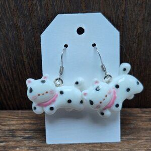 NWT Black Spotted Cat Earrings Pierced White Cat Lady Dangle Drop Jewelry Light